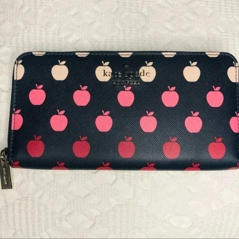 Kate Spade New York Apple Print Zip Around Wallet Black Leather Spade Lining NWT